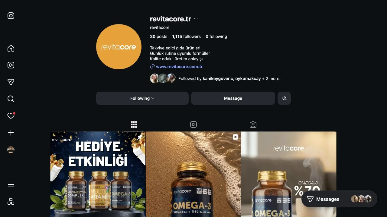 Revitacore Instagram profilinde ürün ailesi ve kampanya iletişimi
