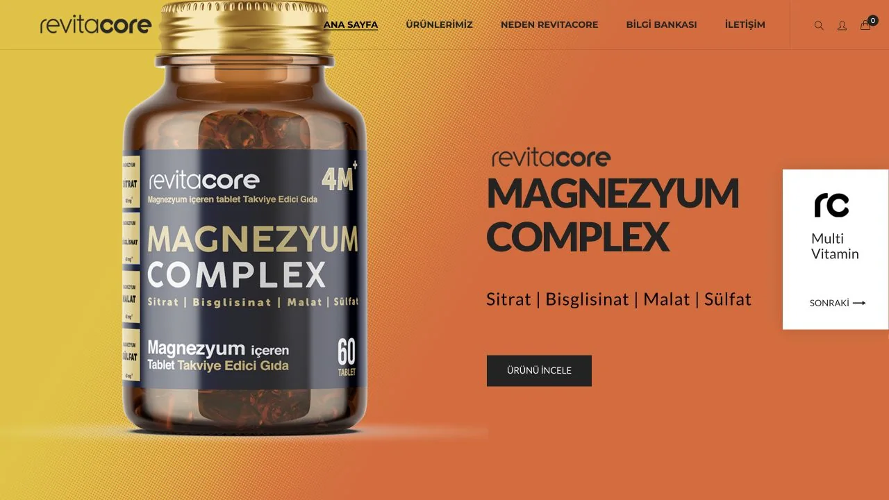 Revitacore canlı web sitesinin Magnezyum Complex ürün vitrini